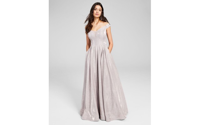 B Darlin Womens Juniors’ Off-The-Shoulder Glitter Gown, Light Pink/0