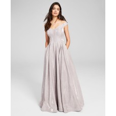 B Darlin Womens Juniors’ Off-The-Shoulder Glitter Gown, Light Pink/34