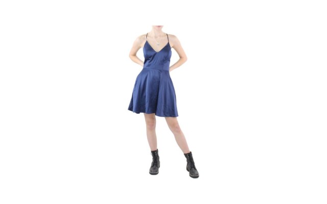 B DARLIN Womens Navy Stretch Zippered Pocketed Lace Back Lined Sleeveless V Neck Short Party Fit + Flare 9/10