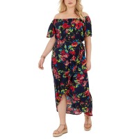 Band of Gypsies Trendy Plus Size Off-The-Shoulder Floral-Print High-Low Dress, Navy Floral, 2X