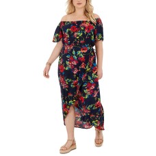 Band of Gypsies Trendy Plus Size Off-The-Shoulder Floral-Print High-Low Dress, Navy Floral, 2X