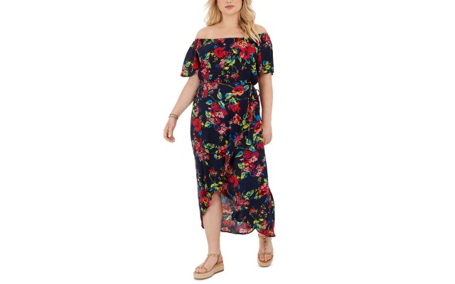  Trendy Plus Size Off-The-Shoulder Floral-Print High-Low Dress, Navy Floral, 2X