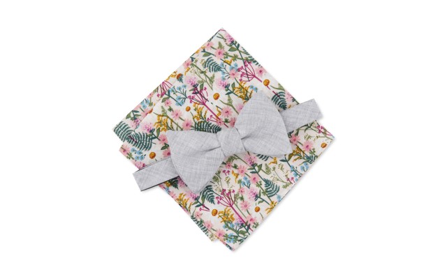  Men’s Chambray Bow Tie & Floral Pocket Square, Grey