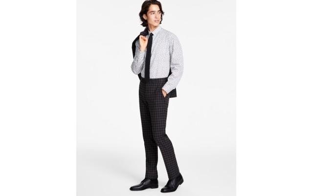  Men’s Skinny-Fit Check Suit Pants, Brown, 30×30