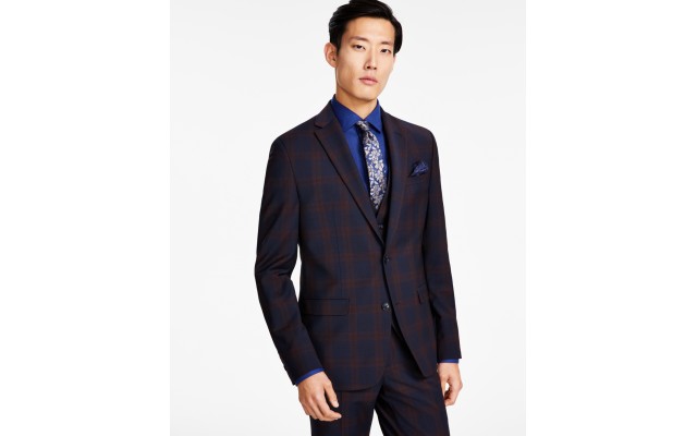  Men’s Slim Fit Suit Jacket, Burgundy/Blue,40S
