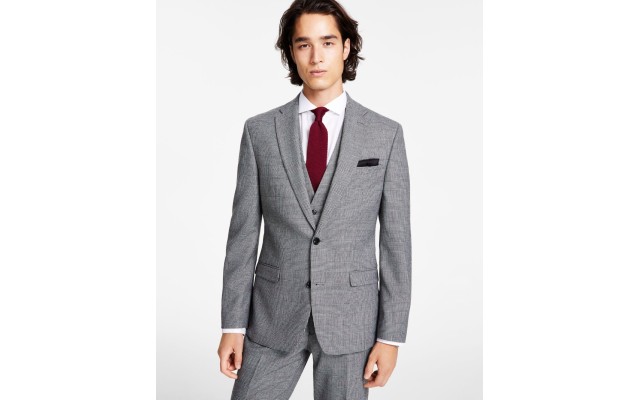  Men’s Slim-Fit Black/White Plaid Suit Jacket, Black/White, 36S