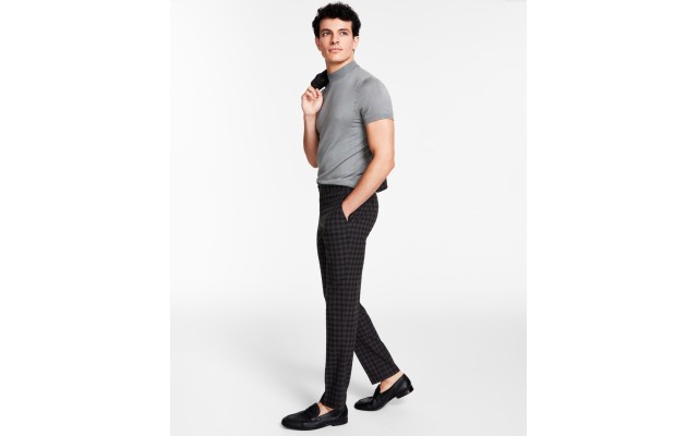  Men’s Slim-Fit Check Suit Pants, Brown, 29×30