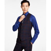 Bar III Men’s Slim-Fit Plaid Suit Vest, Burgundy/Blue, Small