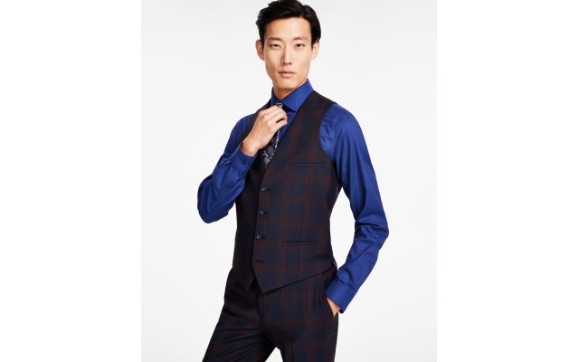  Men’s Slim-Fit Plaid Suit Vest, Burgundy/Blue, Small