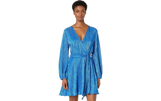  Womens Bellissa Women’s Metallic Pleat Faux-Wrap Dress, Blue/12