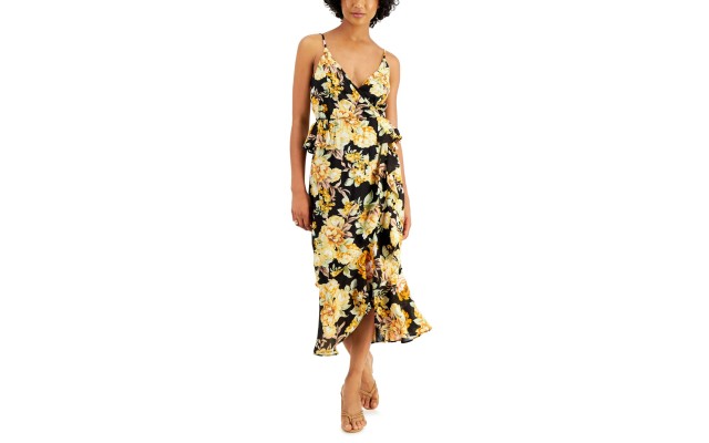  Womens Floral-Print Midi Dress, Yellow/M