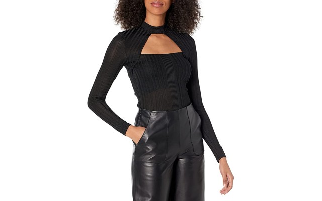  Knit Cutout Mock-Neck Top, Black, X-Small