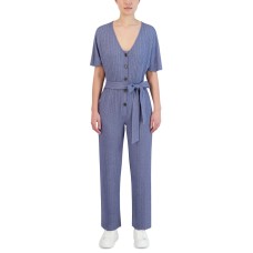 Bcbgeneration Women’s Ribbed Tie-Waist Jumpsuit, (Blue,L