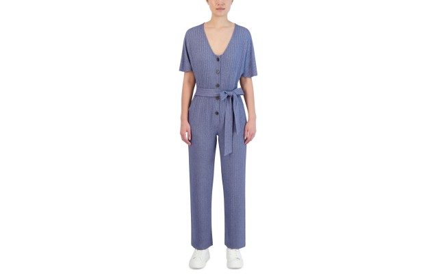  Women’s Ribbed Tie-Waist Jumpsuit, (Blue,L