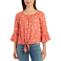 Bcx Juniors’ Bell Sleeve Floral Blouse, Terracotta, XL