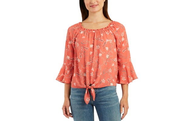  Juniors’ Bell Sleeve Floral Blouse, Terracotta, XL