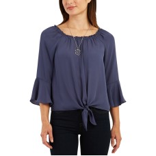 Bcx Juniors’ Bell Sleeve Peasant Top, Denim, Large