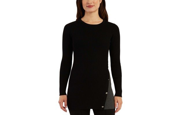  Juniors’ Colorblocked Ribbed Button-Trim Sweater, Charcoal, Medium