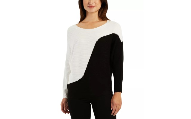  Juniors’ Colorblocked Ribbed Dolman-Sleeve Sweater, Black/white, XS