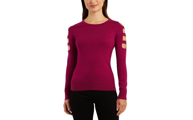  Juniors’ Cutout-Sleeve Sweater, Berry, Large