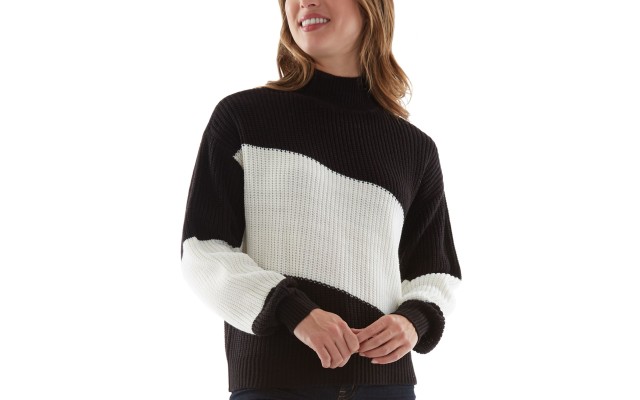  Juniors’ Diagonal Colorblocked Sweater, Black/White, Small