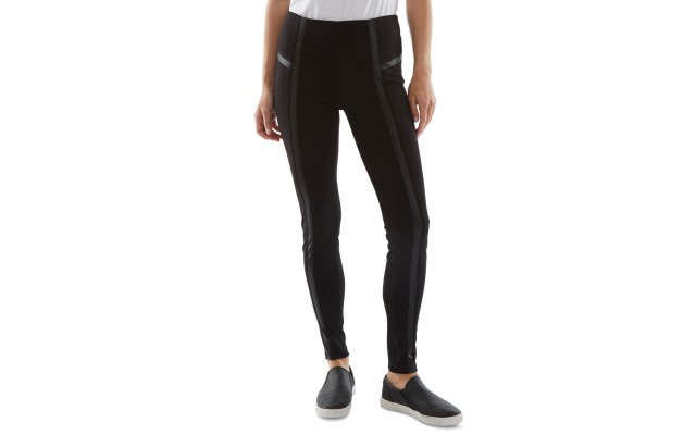 Juniors’ Faux-Leather-Trim Ponte-Knit Pants, Black/L
