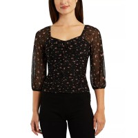 Bcx Juniors’ Floral Mesh Ruched-Front 3/4-Sleeve Top, Black, XL