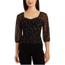 Bcx Juniors’ Floral Mesh Ruched-Front 3/4-Sleeve Top, Black, XL