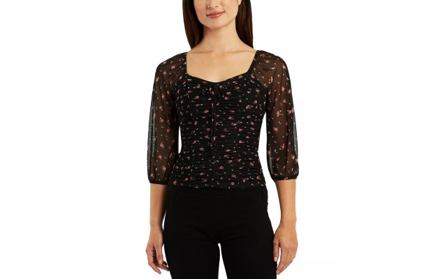  Juniors’ Floral Mesh Ruched-Front 3/4-Sleeve Top, Black, XL