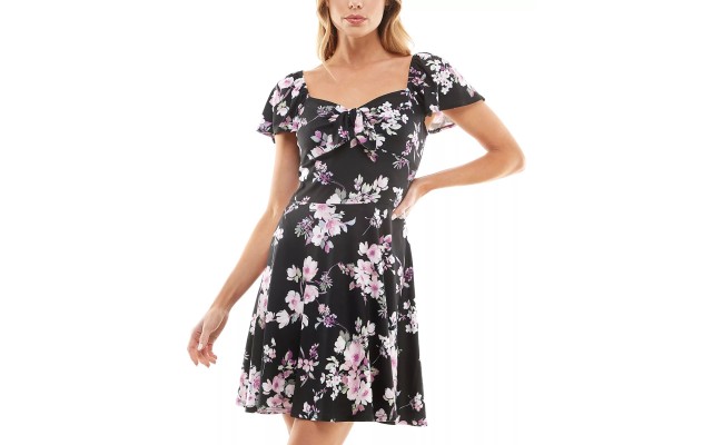  Juniors’ Floral-Print Flutter-Sleeve Fit & Flare Dress, Black/Purple, Small