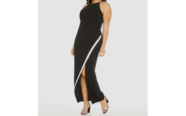  Juniors’ High Slit Asymmetrical Sequin-Trim Gown Dress,Black, XX-Small