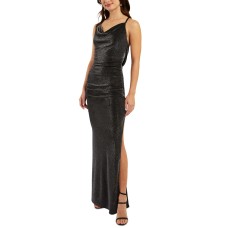 Bcx Juniors’ Metallic Cowl-Neck Maxi Dress, Black/Silver, X-Small