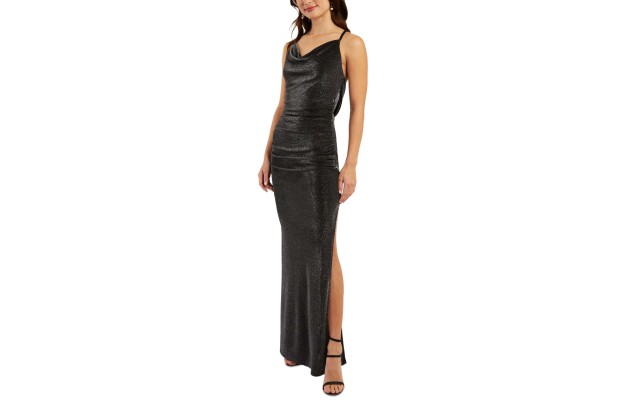  Juniors’ Metallic Cowl-Neck Maxi Dress, Black/Silver, X-Small