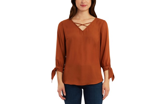  Juniors’ Mixed-Materials 3/4-Sleeve Top, Caramel, XS