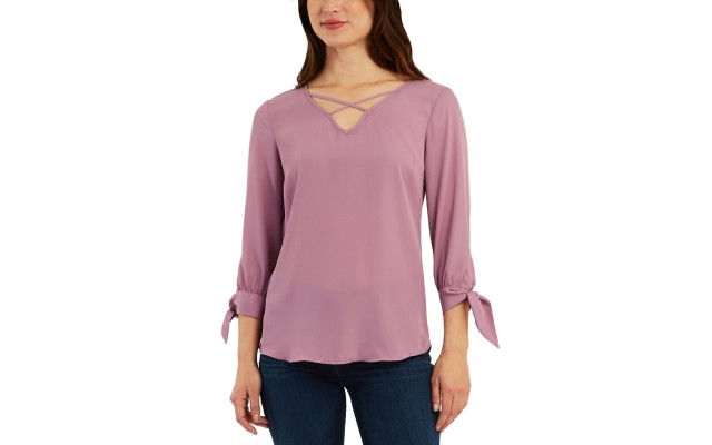  Juniors’ Mixed-Materials 3/4-Sleeve Top, Lavender, XL
