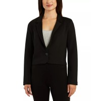 Bcx Juniors’ Notched Collar One-Button Cropped Jacket, Black, Large
