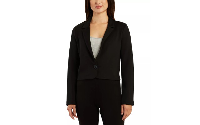  Juniors’ Notched Collar One-Button Cropped Jacket, Black, XL