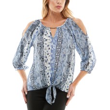 Bcx Juniors’ Printed Cold-Shoulder 3/4-Sleeve Top, Blue, Medium