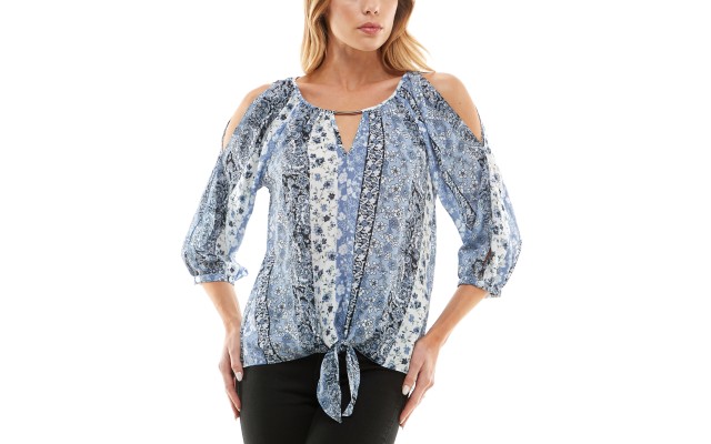  Juniors’ Printed Cold-Shoulder 3/4-Sleeve Top, Blue, Medium