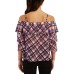  Juniors’ Printed Tiered-Sleeve Top, Red Plaid, XL