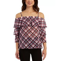 Bcx Juniors’ Printed Tiered-Sleeve Top, Red Plaid, XL