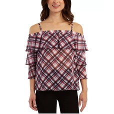 Bcx Juniors’ Printed Tiered-Sleeve Top, Red Plaid, XL