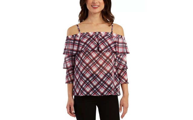  Juniors’ Printed Tiered-Sleeve Top, Red Plaid, XL