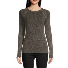 Bcx Juniors’ Ribbed Braided-Shoulder Metallic-Threaded Sweater, Black/Gold, Small