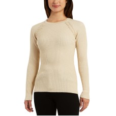 Bcx Juniors’ Ribbed Braided-Shoulder Metallic-Threaded Sweater, Gold Ivory, XS