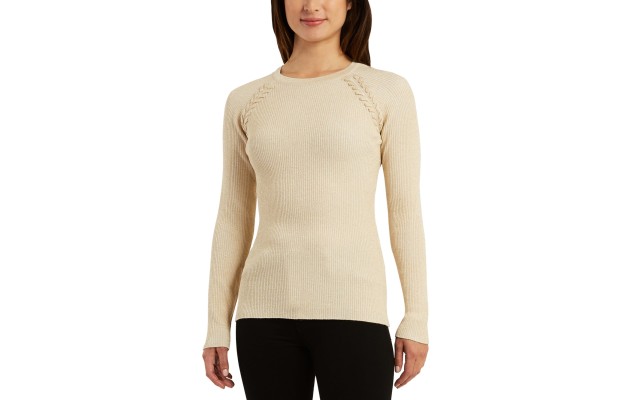  Juniors’ Ribbed Braided-Shoulder Metallic-Threaded Sweater, Gold Ivory, XS