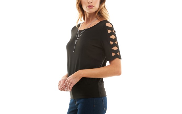  Juniors’ Round-Neck Lattice-Elbow-Sleeve Knit Top, Black, Large