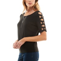 Bcx Juniors’ Round-Neck Lattice-Elbow-Sleeve Knit Top, Black, Medium