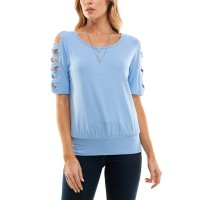 Bcx Juniors’ Round-Neck Lattice-Elbow-Sleeve Knit Top, Blue, XL