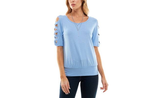  Juniors’ Round-Neck Lattice-Elbow-Sleeve Knit Top, Blue, XL